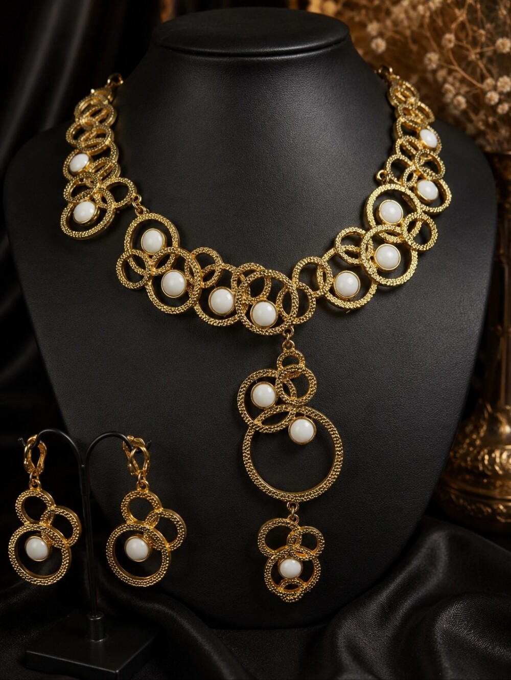 Vintage Gold Tone White Cabochon Statement Necklace & Earring Set 178g